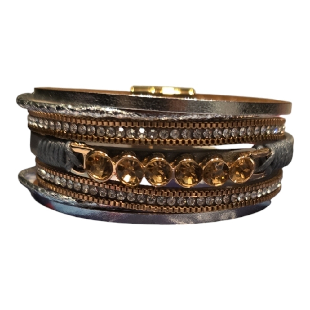 Rhinestone Grey Faux Leather Multi-layered Magnetic Bracelet